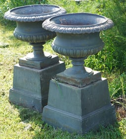 Fine Pair Antique Cast Iron Garden Urns on Stands