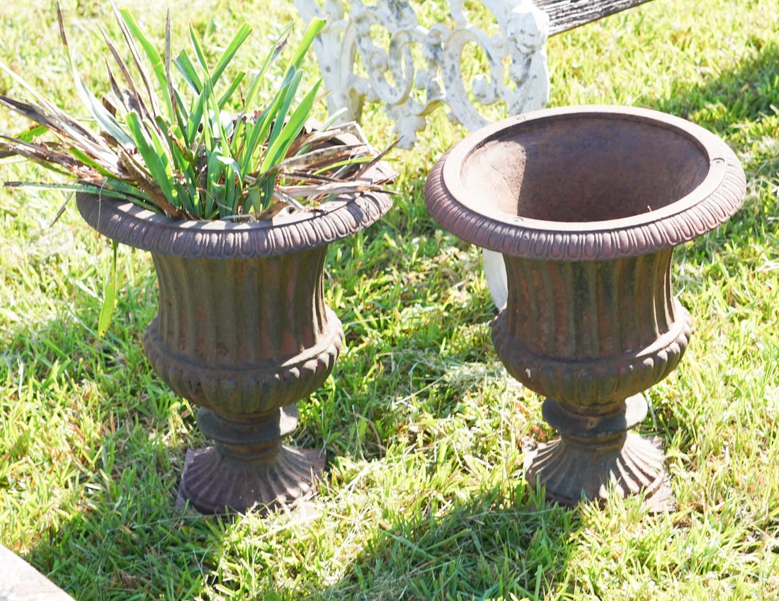 Charming Pair Antique Cast Iron Garden Urns (1 of 2)