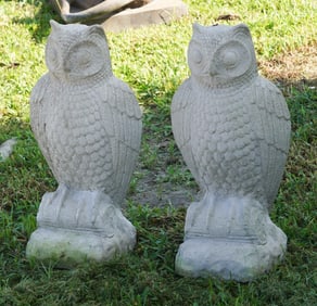 Pair Vintage Cast Stone Figural Garden Owls