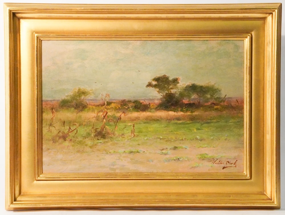 Walter Clark: (New York, 1848-1917) Oil on canvas view of a meadow with birds in flight and corn stalks, signed lower right. Framed nicely and in good clean condition. H11 1/2" W17 1/2" (without frame) Sold from th