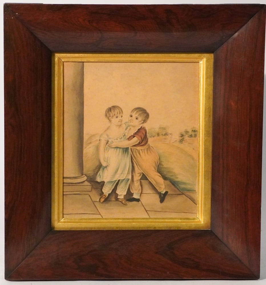 American School: Circa 1840. Watercolor work of stately children on the porch of a classical home with farm view in distance. Very nicely rendered and framed in period frame. Framed: H14 1/2" W13 1/2" Sold from the co