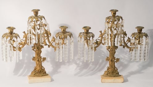 Very Fine Pair Neoclassical Gilded & Crystal Figural Candelabra