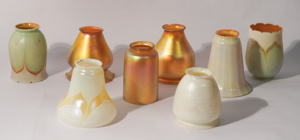 Very Fine Collection Arts & Crafted Period Blown Glass Shades: Early 20th century by Quazelle and Stuben. Brilliant colors and in very nicely kept condition with only a few minor flakes to the interior of the mounting collars of three shades. No cracks or restora