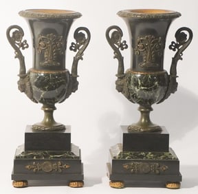 Handsome Pair of French Empire Neoclassical Bronze and Marble Urns