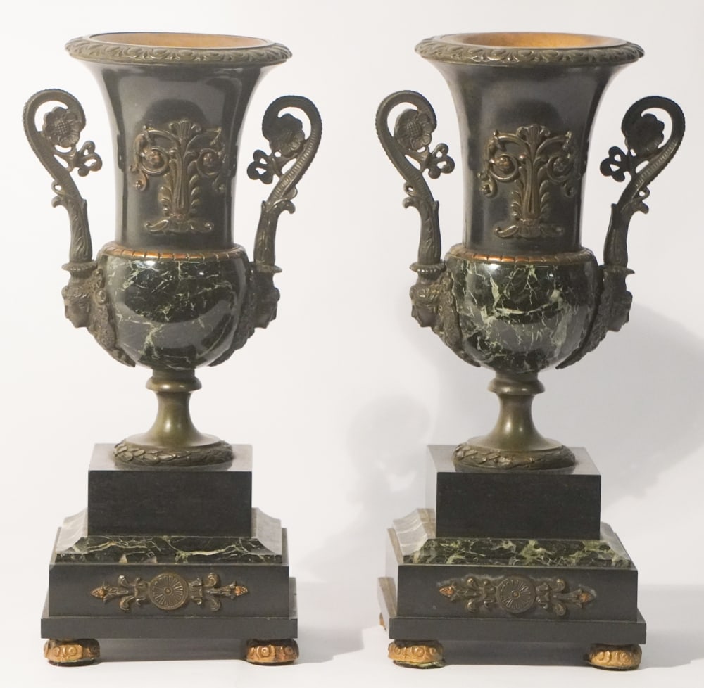 Handsome Pair of French Empire Neoclassical Bronze and Marble Urns (1 of 4)