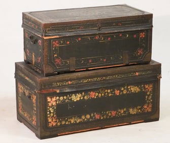 Two Antique Oriental Painted Leather Travel Trunks