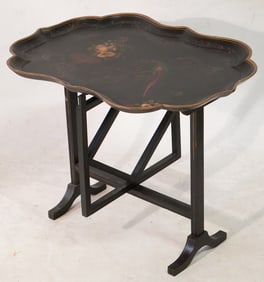 Handsome Antique Victorian Lacquer Painted Serving Tray on Stand