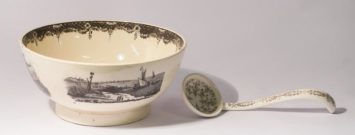 Antique English Pearlware Punch Bowl Along with Ladle