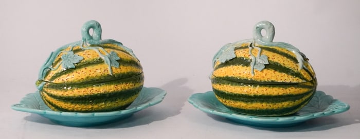 Excellent Pair Matehetta Porcelain Mellon Form Lidded Serving Bowls on Stands