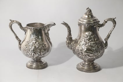 Very Handsome Antique American Silver Plate Sporting Teapot and Pitcher
