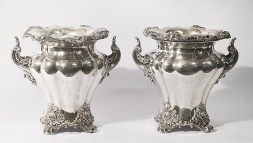 Pair Antique Sheffield Silver Plate Wine Coolers