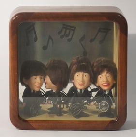Set Four Original 1960s Beatles Figures With Original Instruments In Shadow Box
