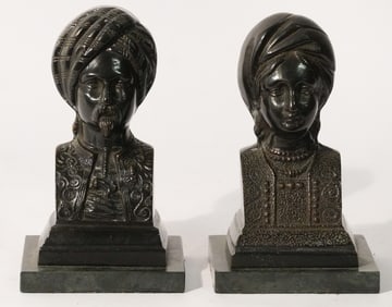 Fine Pair Orientalist Bronze & Marble Bookends