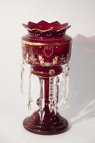Antique Bohemian Enameled Glass & Crystal Centerpiece
