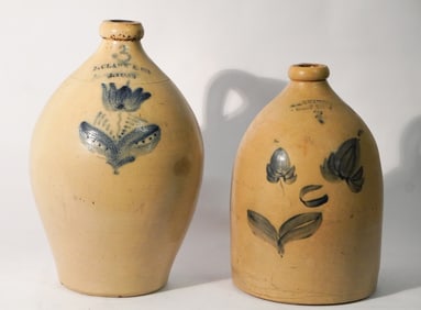Two Antique American Salt Glazed Decorated Stoneware Jugs