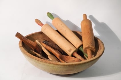 Antique American Dough Bowl Along with Wooden Kitchen Tools