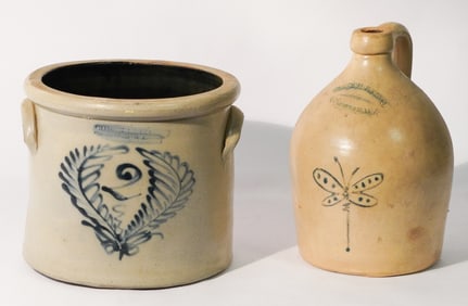 Two Antique American Salt Glazed Decorated Stoneware Vessels