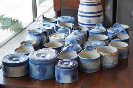 Large Collection Antique American Salt Glazed Stoneware Butter & Salt Boxes