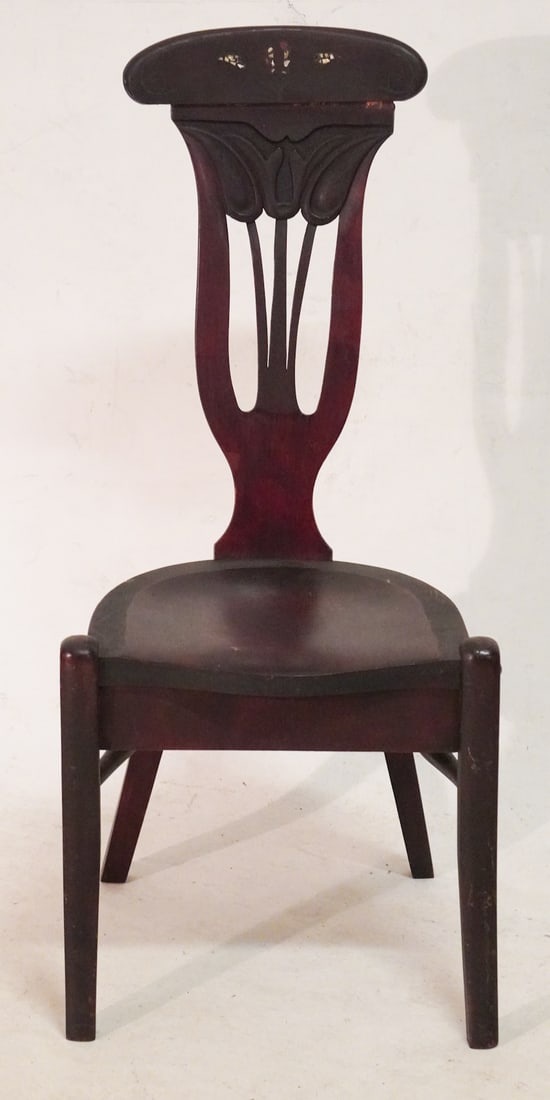Art Nouveau Carved & Inlaid Mahogany Side Chair: Circa 1900. Having a very interesting form with mother of pearl inlaid into the back over the seat atop four legs. Nice old early surface. H39"