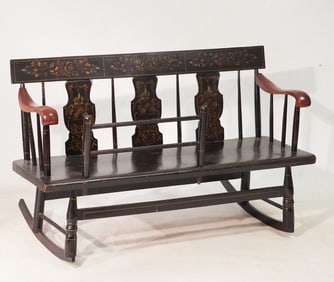 Antique American Windsor Paint Decorated Mammy Rocking Bench