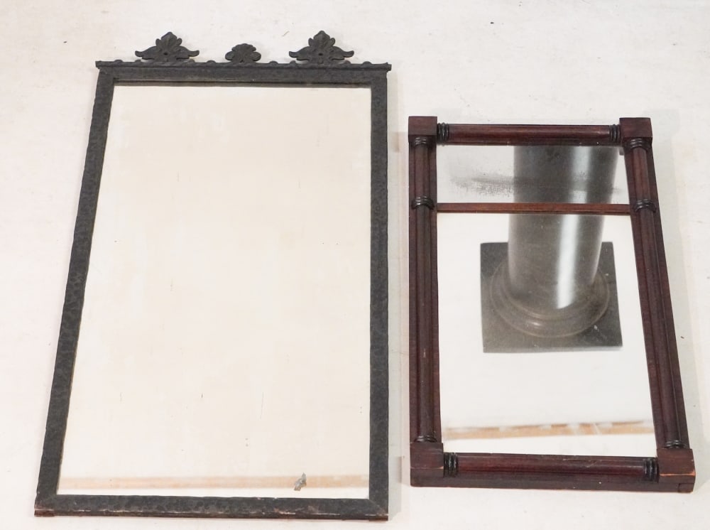 Two Handsome Antique Mirrors or Looking Glasses: Mid and later 19th century. The lot includes a handsome Classical mirror along with a very handsome Victorian iron mirror. Each is ready to use. Largest: H38" W17" Sold from the collection of a West C