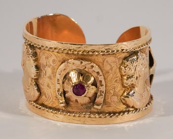 Very Fine Antique Gypsy 14k Gold & Ruby Bangle Bracelet