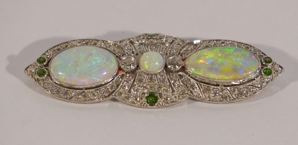 Platinum Diamond Opal & Emerald Art Deco Brooch