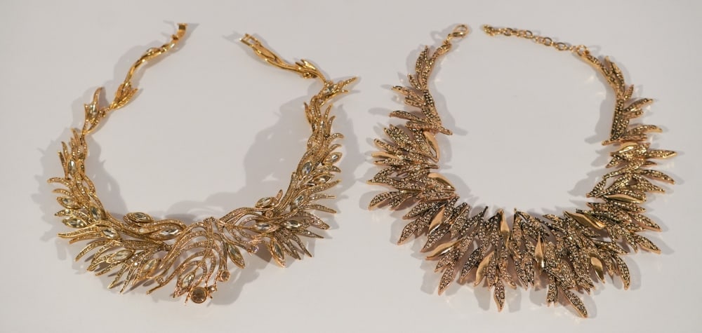 Two Designer Venetian Necklaces by Luigi Mellona: Two gilded deco necklaces each having brilliant style one set with rock crystal. Good condition throughout. Sold from the collection of Vickie Murrill Dawson of Camden, South Carolina.