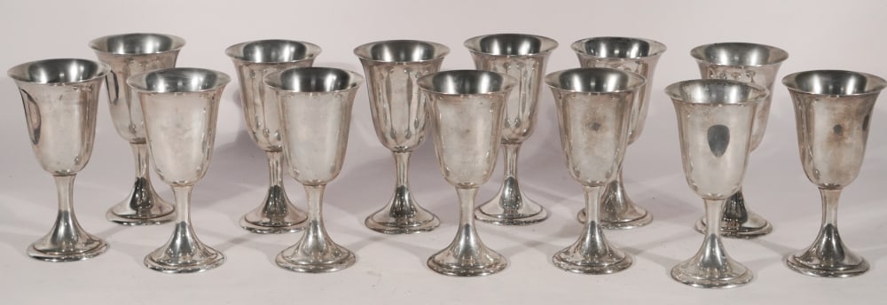 Very Fine & Large Set of Alvin Sterling Silver Goblets: Brilliant set of un monogrammed sterling goblets. Excellent well kept condition throughout. 13 goblets total H6 5/8" 1521 grams standard Sold from the collection of a Buckhead lady, Atlanta, Georgia.
