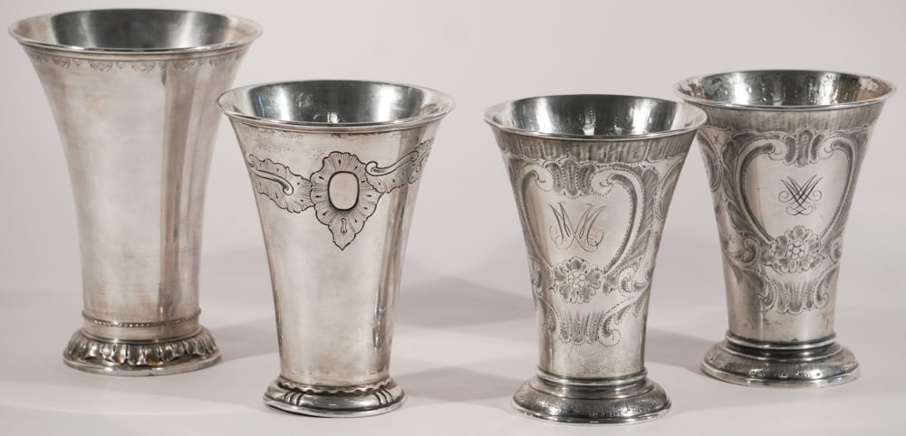 Four Handsome Swedish .830 Silver Beakers: By CG Hallbergs Guldsmeds, circa 1940. Brilliant collection of four. All in generally well kept condition throughout. Tallest: H6 3/4" 824 grams standard Sold from the collection of Vickie Murrill Daw