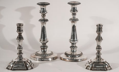 Two Pair Handsome English Old Sheffield Silver Plate Candlesticks