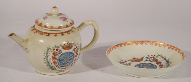 Uncommon Antique Chinese Export Porcelain Teapot & Saucer