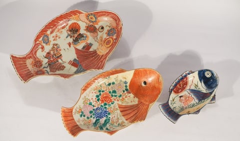 Three Antique Japanese Imari Porcelain Fish Dishes
