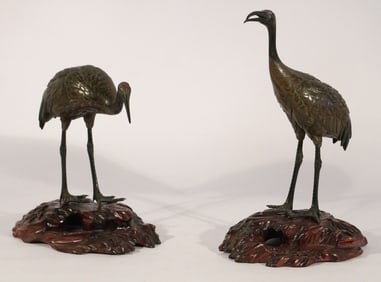 Exceptional Pair Japanese Meiji Bronze Crane Sculptures on Hardwood Stands