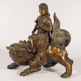 Early Chinese Bronze Sculpture of Guan Yu Atop Chin Lin
