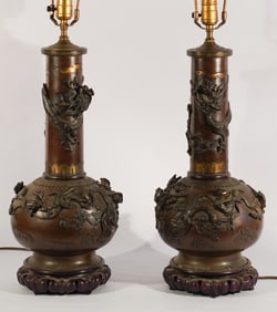 Excellent Pair Antique Japanese Meiji Bronze Urns