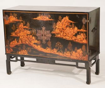 Deco Japanese Lacquer Decorated Cabinet on Stand