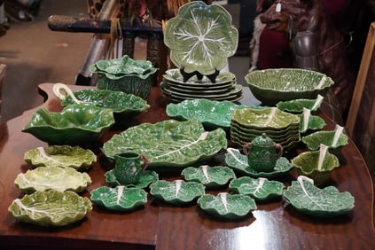 Excellent Large Collection Lettuce Leaf Form Majolica DinnerWare Serving Pieces