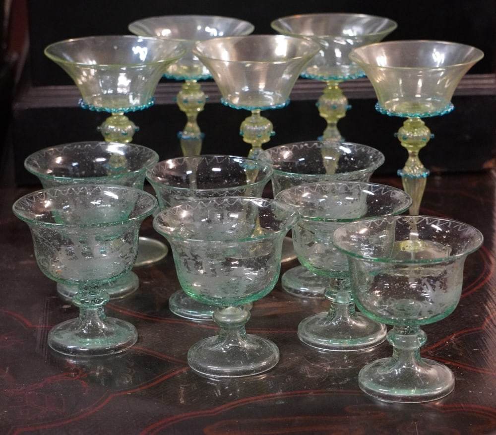 Two Sets Vintage Deco Murano Blown Glass Stems: Mid 20th century, Italy. The lot includes two very charming sets of blown glass stems. All are in good, well kept condition ready to be used. Tallest set: H17" Sold from the collection of Tonya and Bo