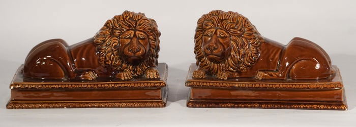 Fine Pair Rockingham Pottery Figural Lion Boxes