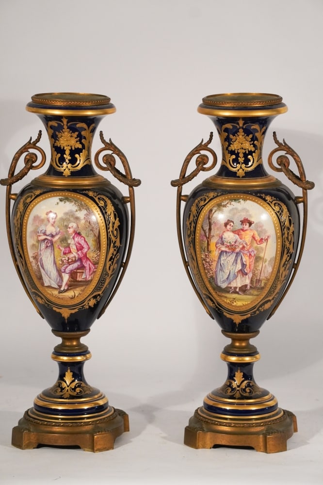 Pair Antique Sevres Style Porcelain & Bronze Urns (1 of 4)