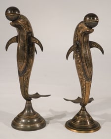 Very Charming Pair Deco Persian Chased Brass Dolphin Sculptures