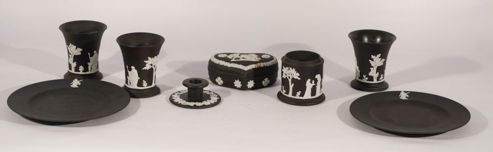 Collection Antique Wedgwood Black Basalt Jasperware Pieces: 19th century group of various elegant forms and sizes. All in excellent condition. One box is missing its lid. Tallest: H3 7/8" Sold from the collection of a Buckhead lady, Atlanta, Georgia.