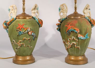 Brilliant Pair Mid Century Deco Hand Crafted Pottery Table Lamps