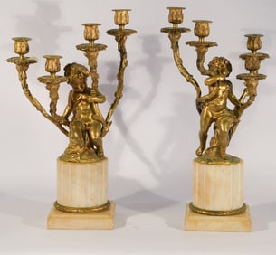 Exceptional Pair French Empire Bronze & Marble Candelabra