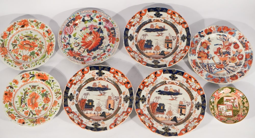 Uncommon Antique English Ironstone Dishes: 19th century. Collection of various pairs each having brilliant colors and patterns. All are in well kept excellent condition with no restorations. Largest set: W10" Sold from the collection of a West