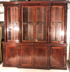 Excellent English Regency Carved & Figured Mahogany Breakfront BookCase