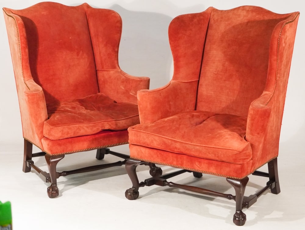 Very Fine Pair Suede Leather Upholstered English Chippendale Style Wing Chairs (1 of 5)