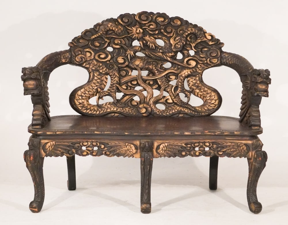Antique Japanese Carved Hardwood Bench (1 of 4)