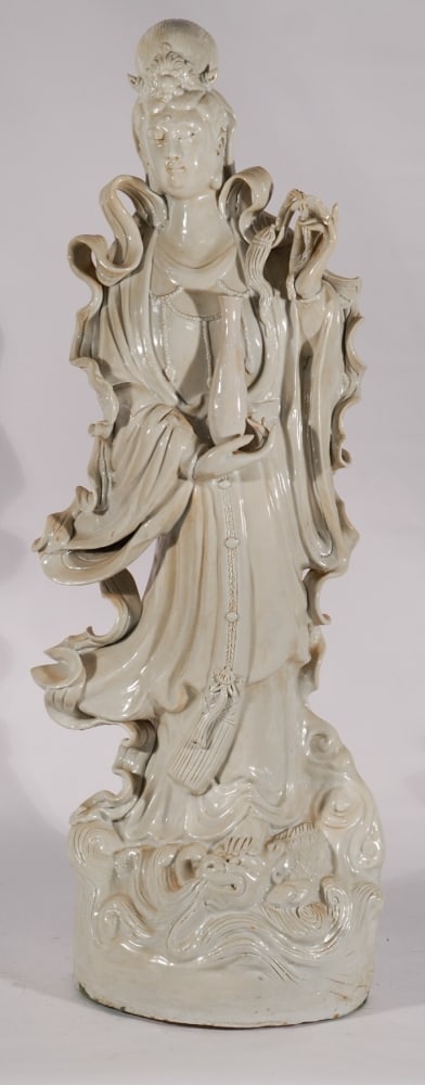 Fine & Large Antique Chinese Blanc De Chine Porcelain Standing Quan Yin: Late 19th/early 20th century example having been excellently sculpted and glazed. Nicely kept condition no restoration detected. H33" Sold from the collection of Vickie Murrill Dawson of Camden, South